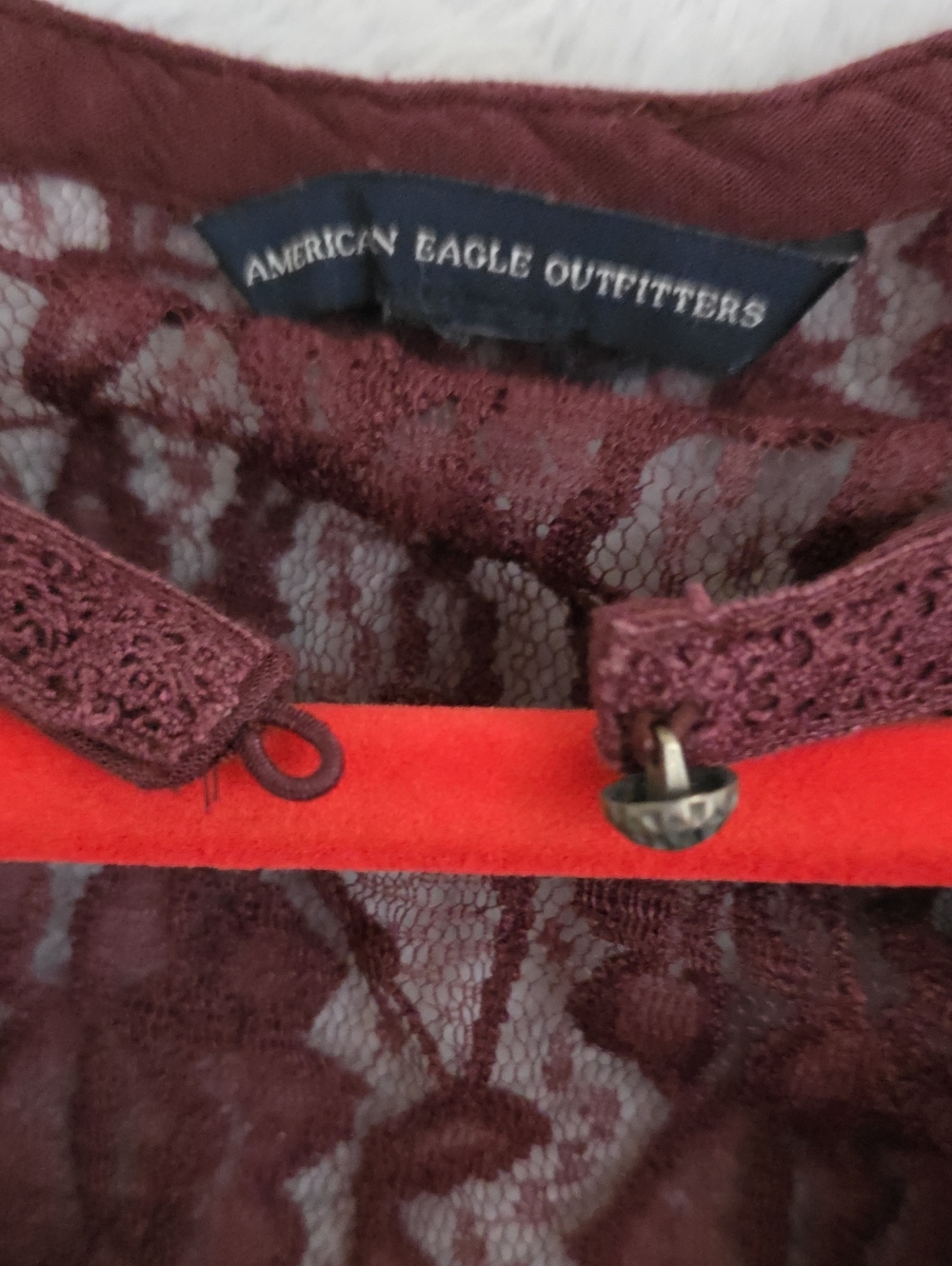American Eagle Burgundy Lace Bell Sleeve Peplum Boho Top - Picture 12 of 12